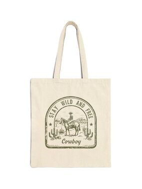 Stay Wild and Free Cowboy Canvas Tote - Cream with Olive Graphic